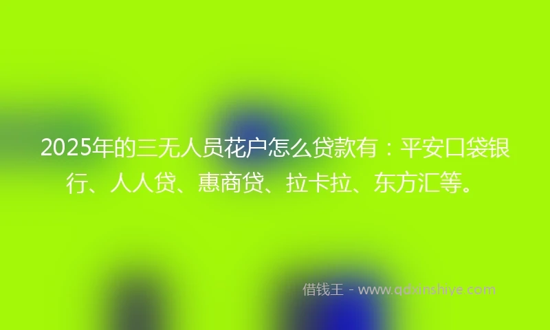 2025年的三无人员花户怎么贷款有：平安口袋银行、人人贷、惠商贷、拉卡拉、东方汇等。