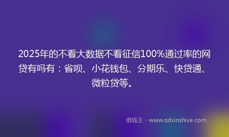 2025年的不看大数据不看征信100%通过率的网贷有吗有：省呗、小花钱包、分期乐、快贷通、微粒贷等。