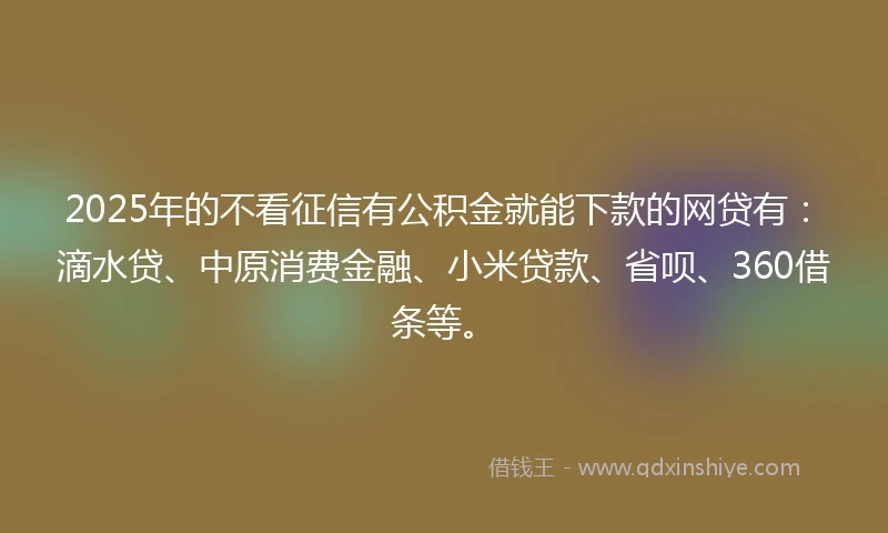 2025年的不看征信有公积金就能下款的网贷有：滴水贷、中原消费金融、小米贷款、省呗、360借条等。