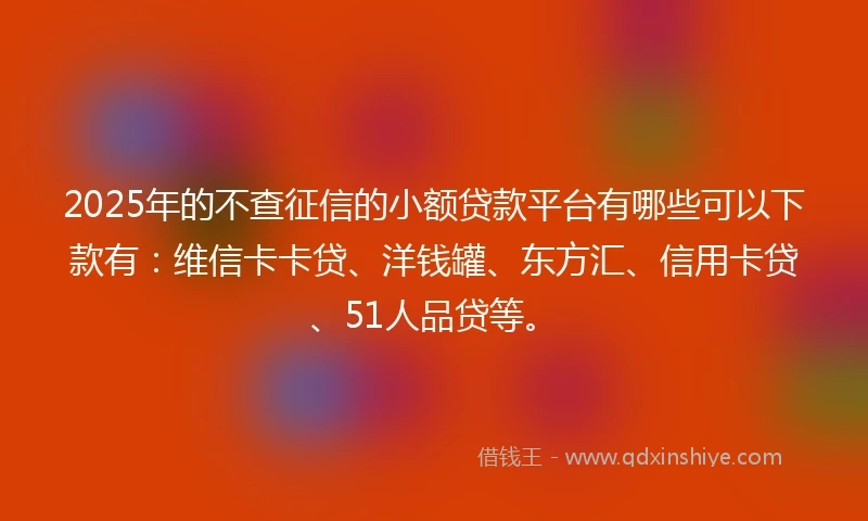 2025年的不查征信的小额贷款平台有哪些可以下款有：维信卡卡贷、洋钱罐、东方汇、信用卡贷、51人品贷等。