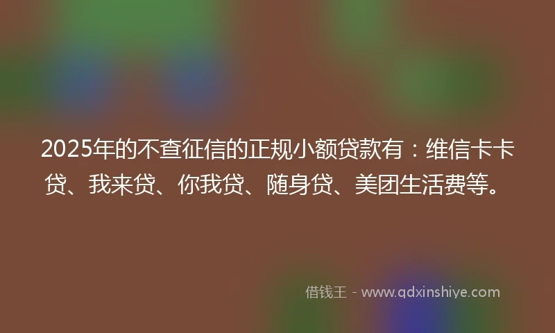 2025年的不查征信的正规小额贷款有：维信卡卡贷、我来贷、你我贷、随身贷、美团生活费等。