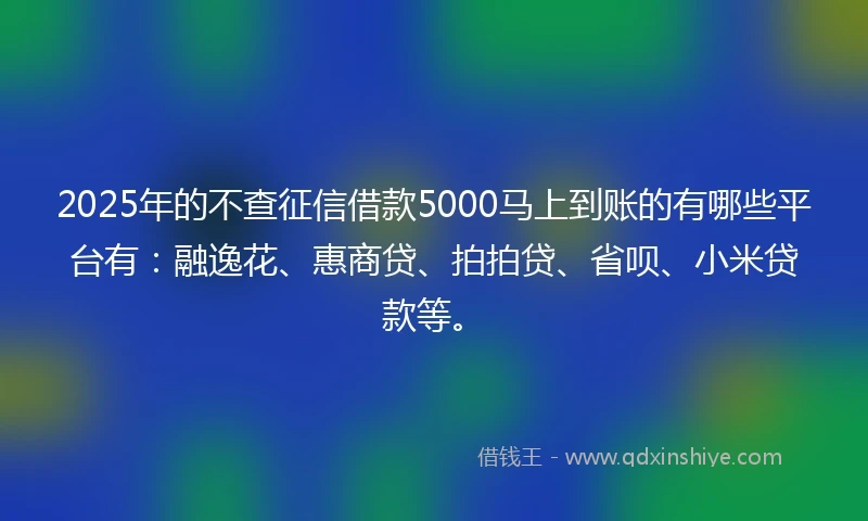 2025年的不查征信借款5000马上到账的有哪些平台有：融逸花、惠商贷、拍拍贷、省呗、小米贷款等。