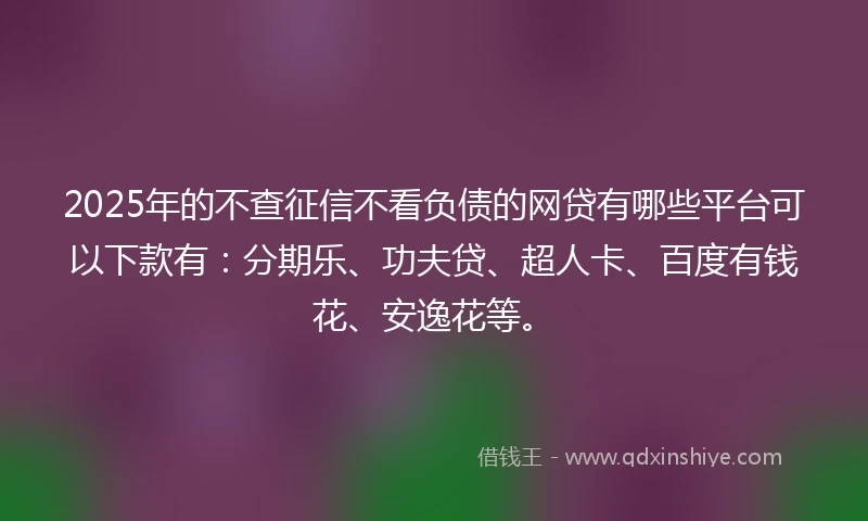 2025年的不查征信不看负债的网贷有哪些平台可以下款有：分期乐、功夫贷、超人卡、百度有钱花、安逸花等。