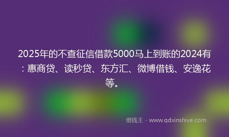 2025年的不查征信借款5000马上到账的2024有：惠商贷、读秒贷、东方汇、微博借钱、安逸花等。