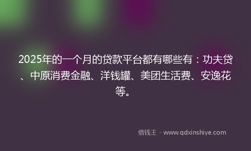 2025年的一个月的贷款平台都有哪些有：功夫贷、中原消费金融、洋钱罐、美团生活费、安逸花等。