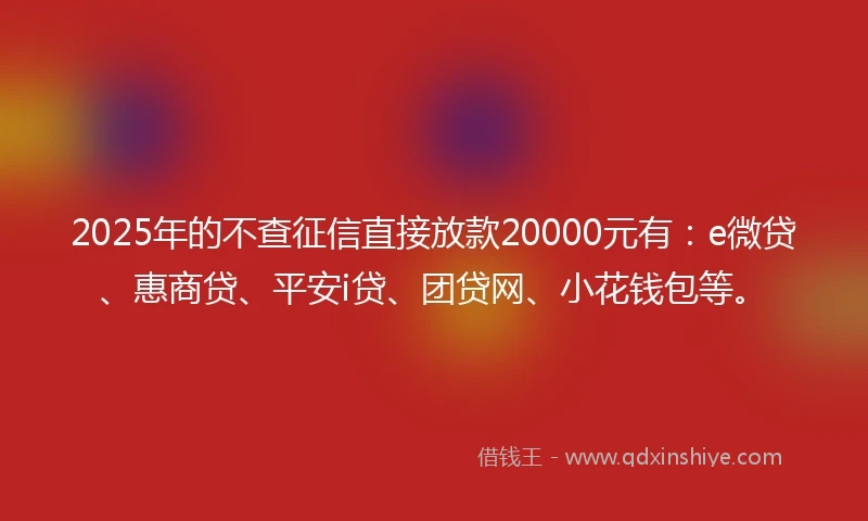 2025年的不查征信直接放款20000元有：e微贷、惠商贷、平安i贷、团贷网、小花钱包等。
