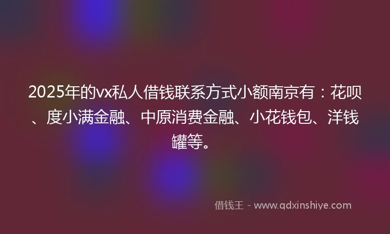 2025年的vx私人借钱联系方式小额南京有：花呗、度小满金融、中原消费金融、小花钱包、洋钱罐等。
