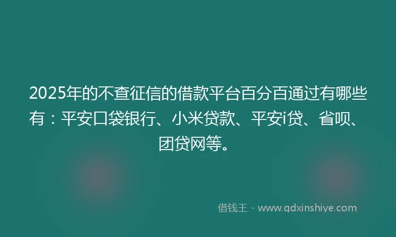 2025年的不查征信的借款平台百分百通过有哪些有：平安口袋银行、小米贷款、平安i贷、省呗、团贷网等。
