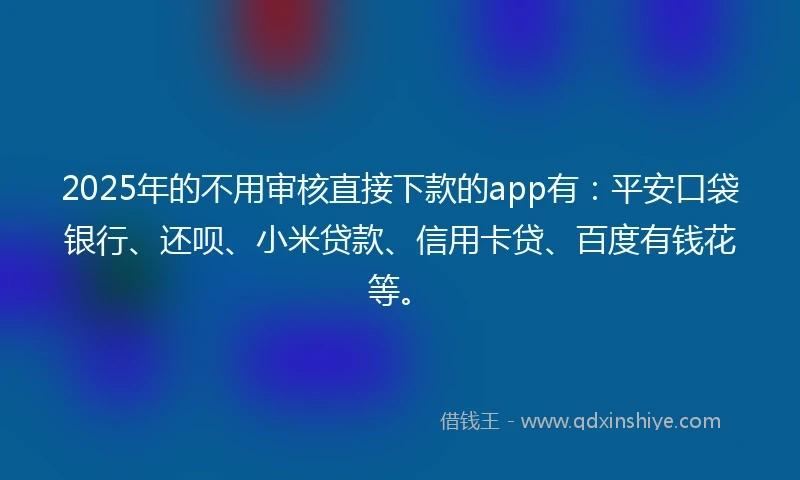 2025年的不用审核直接下款的app有：平安口袋银行、还呗、小米贷款、信用卡贷、百度有钱花等。
