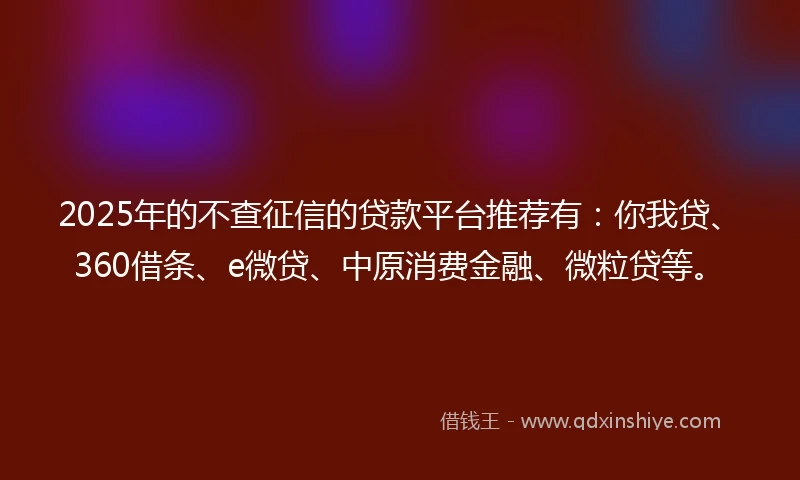 2025年的不查征信的贷款平台推荐有：你我贷、360借条、e微贷、中原消费金融、微粒贷等。