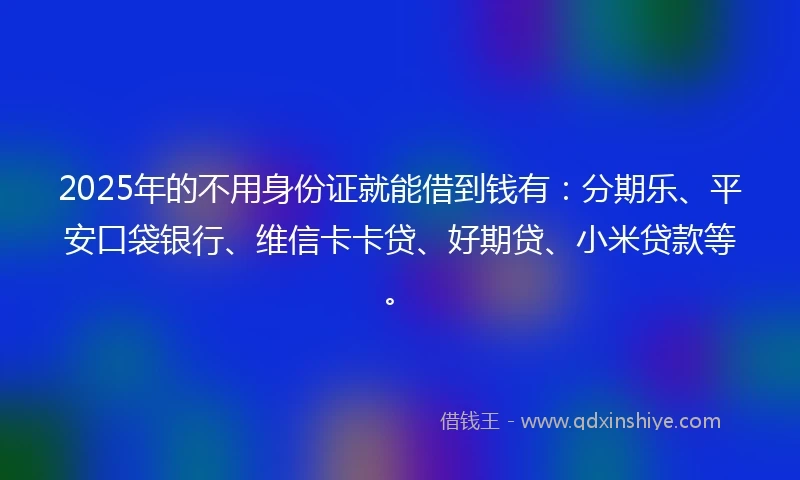 2025年的不用身份证就能借到钱有：分期乐、平安口袋银行、维信卡卡贷、好期贷、小米贷款等。