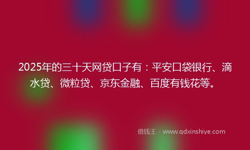 2025年的三十天网贷口子有：平安口袋银行、滴水贷、微粒贷、京东金融、百度有钱花等。