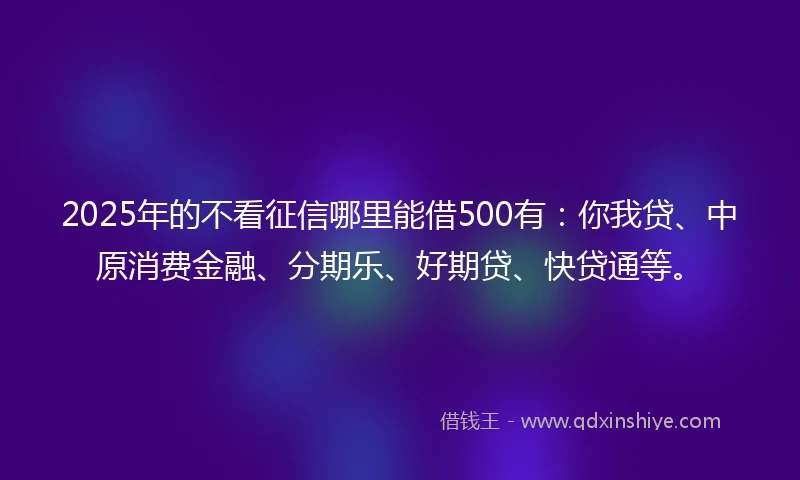 2025年的不看征信哪里能借500有：你我贷、中原消费金融、分期乐、好期贷、快贷通等。