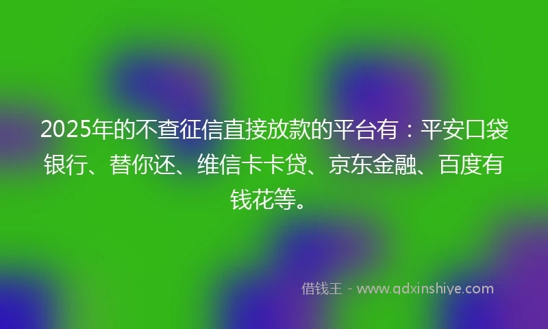 2025年的不查征信直接放款的平台有：平安口袋银行、替你还、维信卡卡贷、京东金融、百度有钱花等。