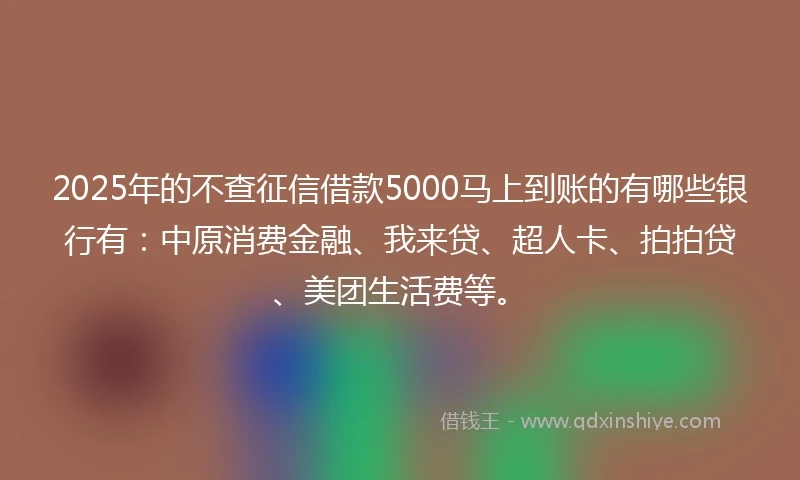 2025年的不查征信借款5000马上到账的有哪些银行有：中原消费金融、我来贷、超人卡、拍拍贷、美团生活费等。