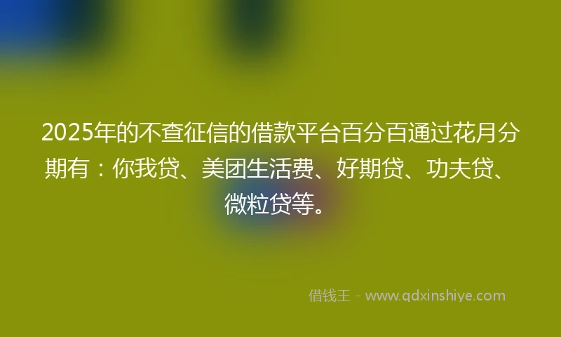 2025年的不查征信的借款平台百分百通过花月分期有：你我贷、美团生活费、好期贷、功夫贷、微粒贷等。