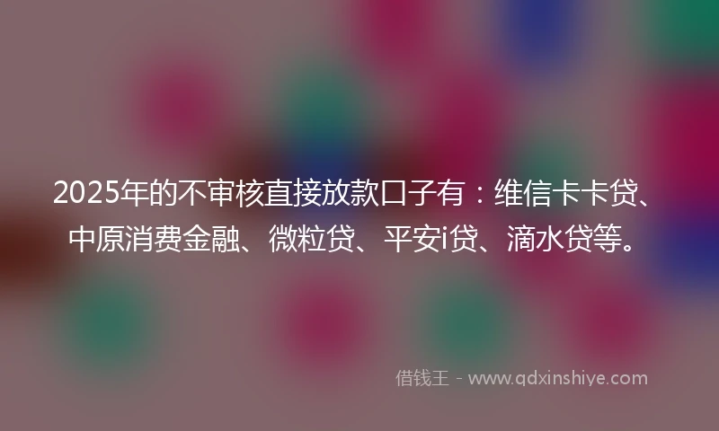 2025年的不审核直接放款口子有：维信卡卡贷、中原消费金融、微粒贷、平安i贷、滴水贷等。