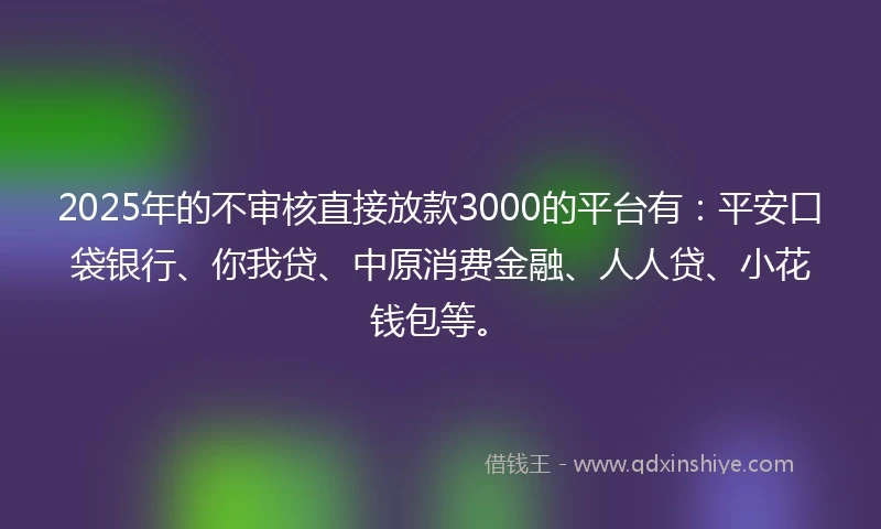 2025年的不审核直接放款3000的平台有：平安口袋银行、你我贷、中原消费金融、人人贷、小花钱包等。