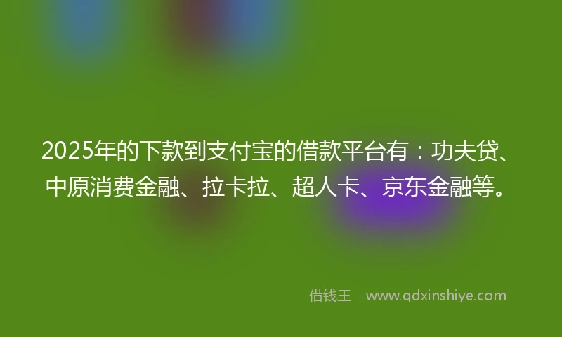2025年的下款到支付宝的借款平台有：功夫贷、中原消费金融、拉卡拉、超人卡、京东金融等。
