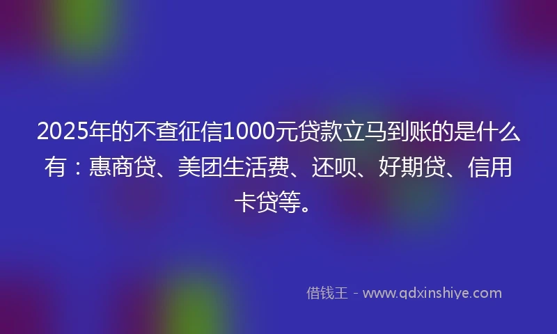 2025年的不查征信1000元贷款立马到账的是什么有:惠商贷、美团生活费、还呗、好期贷、信用卡贷等。