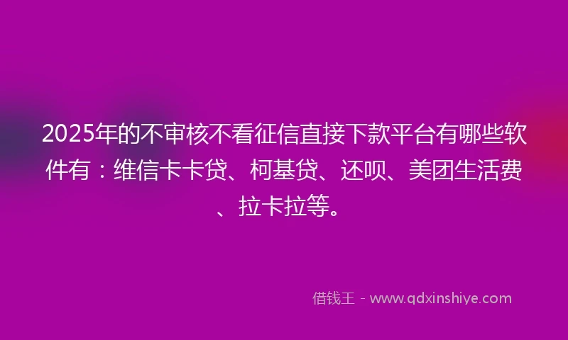 2025年的不审核不看征信直接下款平台有哪些软件有：维信卡卡贷、柯基贷、还呗、美团生活费、拉卡拉等。
