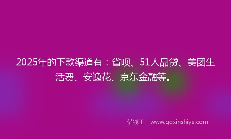 2025年的下款渠道有：省呗、51人品贷、美团生活费、安逸花、京东金融等。