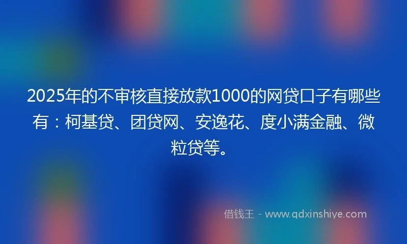 2025年的不审核直接放款1000的网贷口子有哪些有：柯基贷、团贷网、安逸花、度小满金融、微粒贷等。