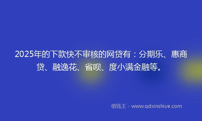 2025年的下款快不审核的网贷有：分期乐、惠商贷、融逸花、省呗、度小满金融等。