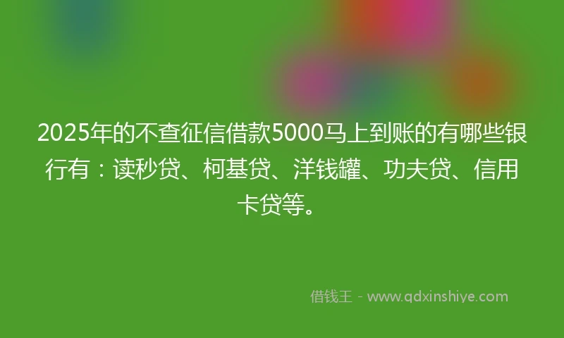 2025年的不查征信借款5000马上到账的有哪些银行有：读秒贷、柯基贷、洋钱罐、功夫贷、信用卡贷等。