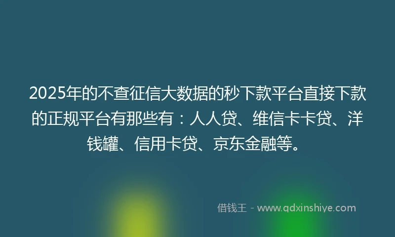 2025年的不查征信大数据的秒下款平台直接下款的正规平台有那些有：人人贷、维信卡卡贷、洋钱罐、信用卡贷、京东金融等。