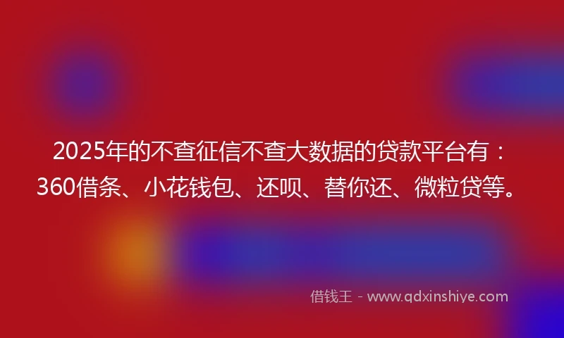 2025年的不查征信不查大数据的贷款平台有：360借条、小花钱包、还呗、替你还、微粒贷等。