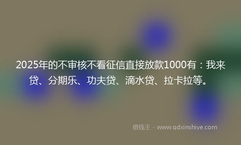 2025年的不审核不看征信直接放款1000有：我来贷、分期乐、功夫贷、滴水贷、拉卡拉等。