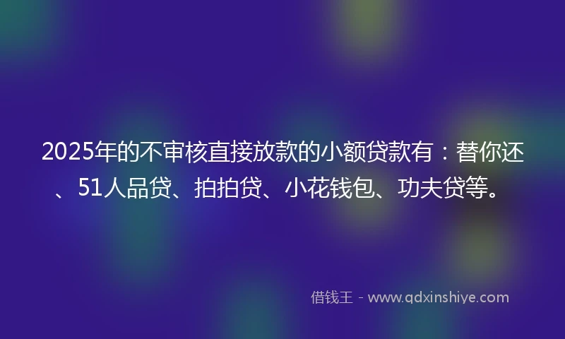 2025年的不审核直接放款的小额贷款有：替你还、51人品贷、拍拍贷、小花钱包、功夫贷等。
