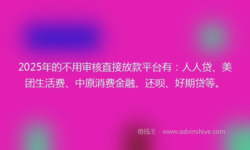 2025年的不用审核直接放款平台有：人人贷、美团生活费、中原消费金融、还呗、好期贷等。