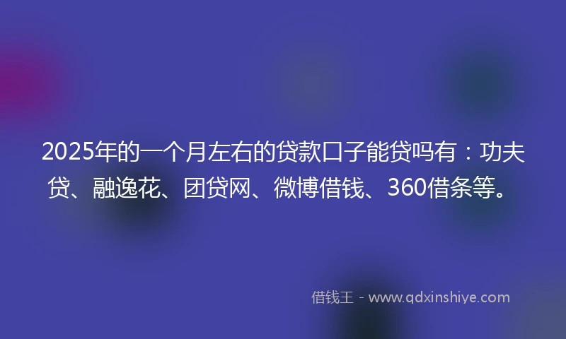 2025年的一个月左右的贷款口子能贷吗有：功夫贷、融逸花、团贷网、微博借钱、360借条等。