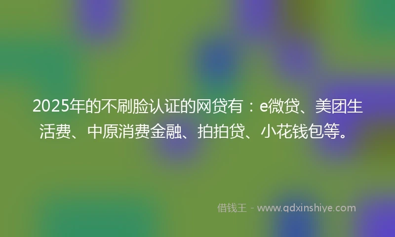 2025年的不刷脸认证的网贷有：e微贷、美团生活费、中原消费金融、拍拍贷、小花钱包等。