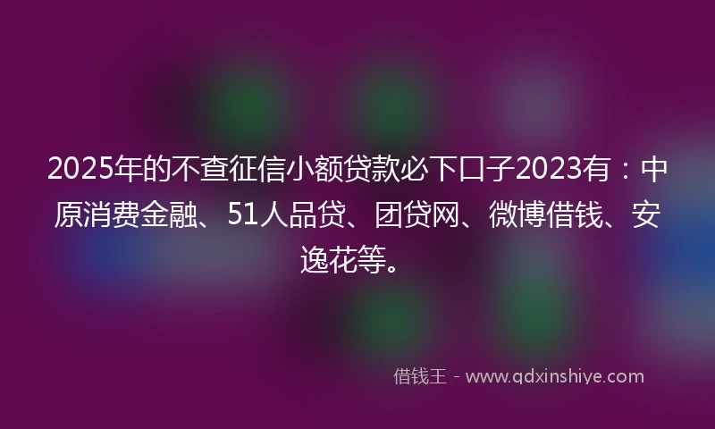 2025年的不查征信小额贷款必下口子2023有:中原消费金融、51人品贷、团贷网、微博借钱、安逸花等。