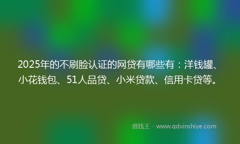 2025年的不刷脸认证的网贷有哪些有：洋钱罐、小花钱包、51人品贷、小米贷款、信用卡贷等。