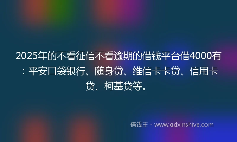 2025年的不看征信不看逾期的借钱平台借4000有：平安口袋银行、随身贷、维信卡卡贷、信用卡贷、柯基贷等。
