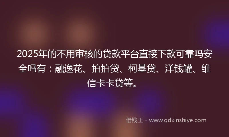 2025年的不用审核的贷款平台直接下款可靠吗安全吗有：融逸花、拍拍贷、柯基贷、洋钱罐、维信卡卡贷等。