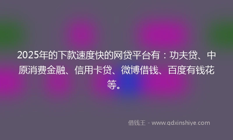 2025年的下款速度快的网贷平台有：功夫贷、中原消费金融、信用卡贷、微博借钱、百度有钱花等。