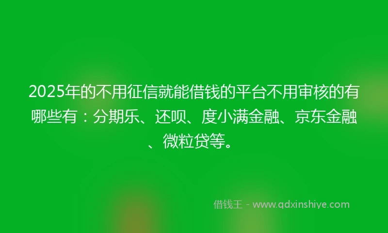 2025年的不用征信就能借钱的平台不用审核的有哪些有：分期乐、还呗、度小满金融、京东金融、微粒贷等。