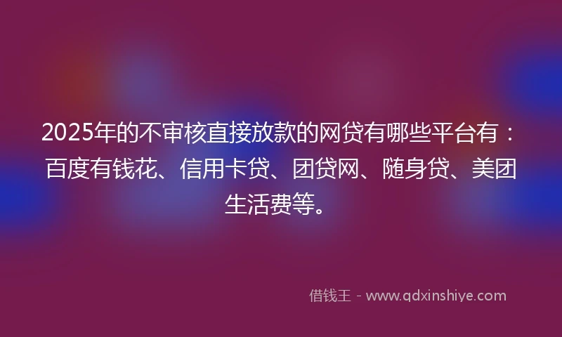 2025年的不审核直接放款的网贷有哪些平台有：百度有钱花、信用卡贷、团贷网、随身贷、美团生活费等。