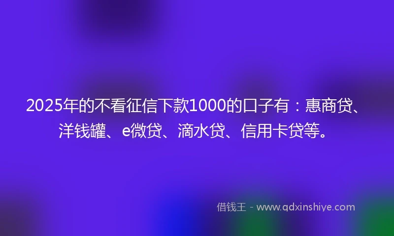 2025年的不看征信下款1000的口子有：惠商贷、洋钱罐、e微贷、滴水贷、信用卡贷等。