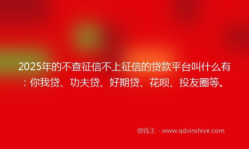 2025年的不查征信不上征信的贷款平台叫什么有：你我贷、功夫贷、好期贷、花呗、投友圈等。