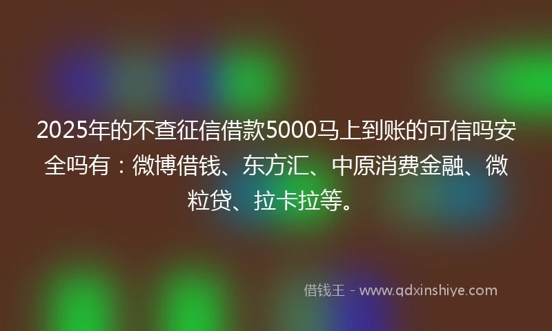 2025年的不查征信借款5000马上到账的可信吗安全吗有：微博借钱、东方汇、中原消费金融、微粒贷、拉卡拉等。