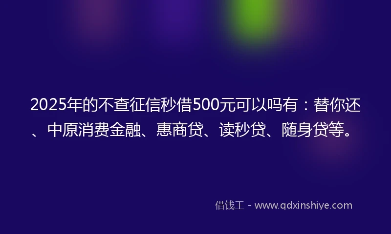 2025年的不查征信秒借500元可以吗有：替你还、中原消费金融、惠商贷、读秒贷、随身贷等。