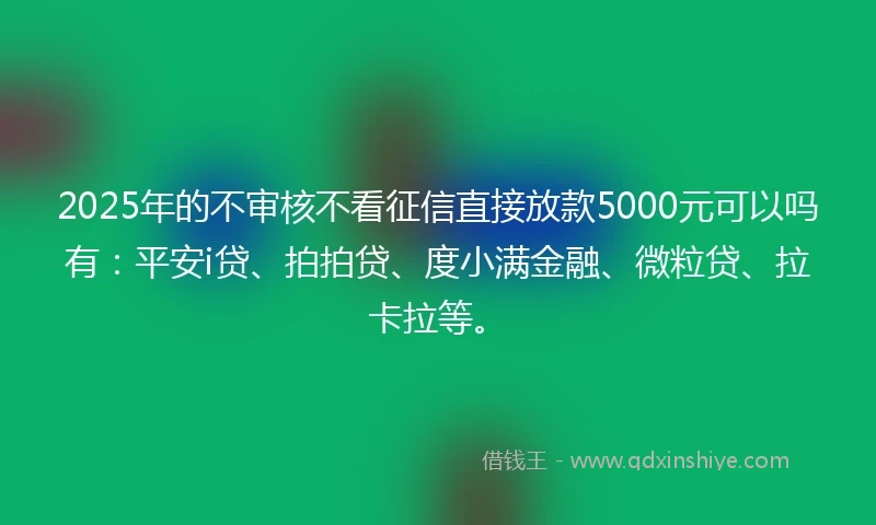 2025年的不审核不看征信直接放款5000元可以吗有：平安i贷、拍拍贷、度小满金融、微粒贷、拉卡拉等。