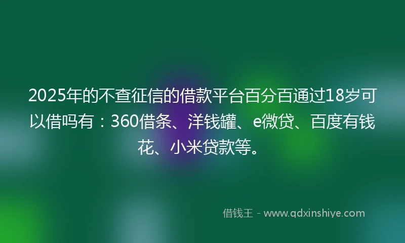 2025年的不查征信的借款平台百分百通过18岁可以借吗有：360借条、洋钱罐、e微贷、百度有钱花、小米贷款等。