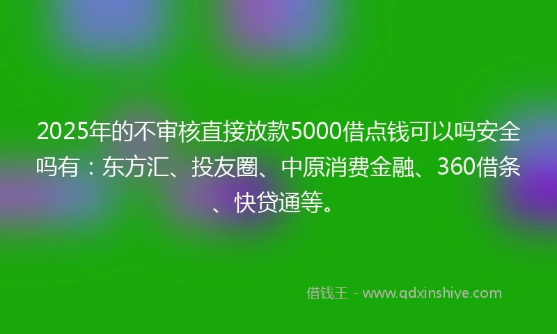 2025年的不审核直接放款5000借点钱可以吗安全吗有：东方汇、投友圈、中原消费金融、360借条、快贷通等。